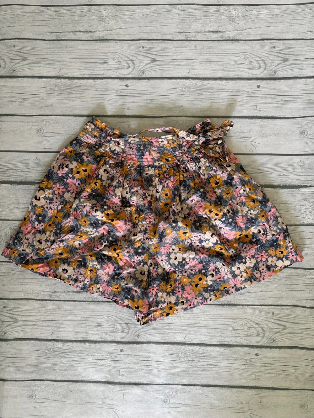 Olivaceous Floral Tie-Waist High Waist Shorts - Pink, Mustard, Cream & Gray